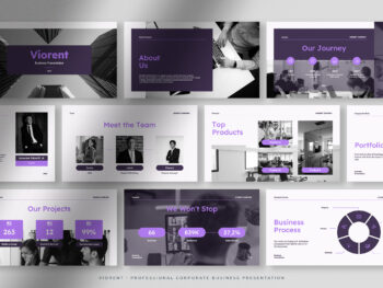 Viorent, the striking purple professional corporate business presentation template with Violet Purple Black and White colors