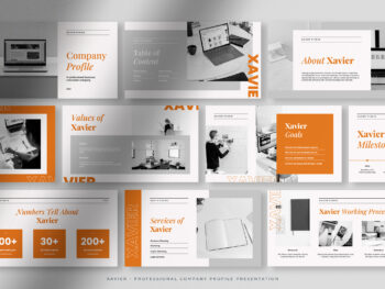 Xavier, the sunkist orange professional company profile presentation template with + White orange light gray black colors