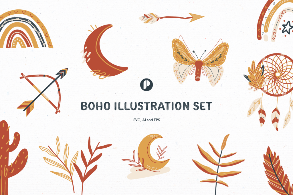 Cute Hand Drawn Boho Illustration Set Design Templates - Peterdraw Studio