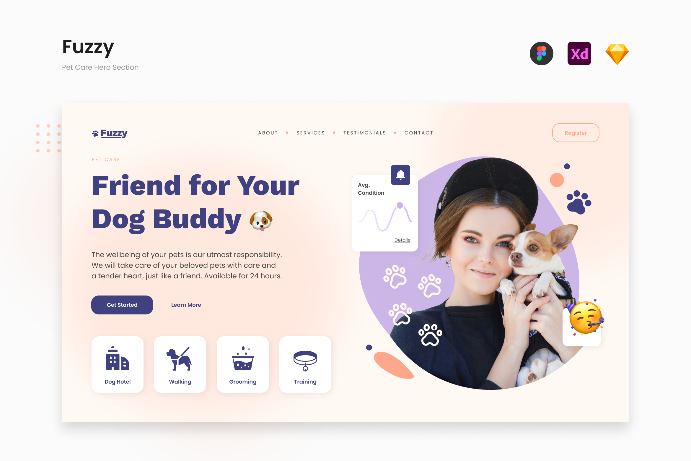 Fuzzy – Light Salmon Playful Pet Care Hero Section Template Design ...