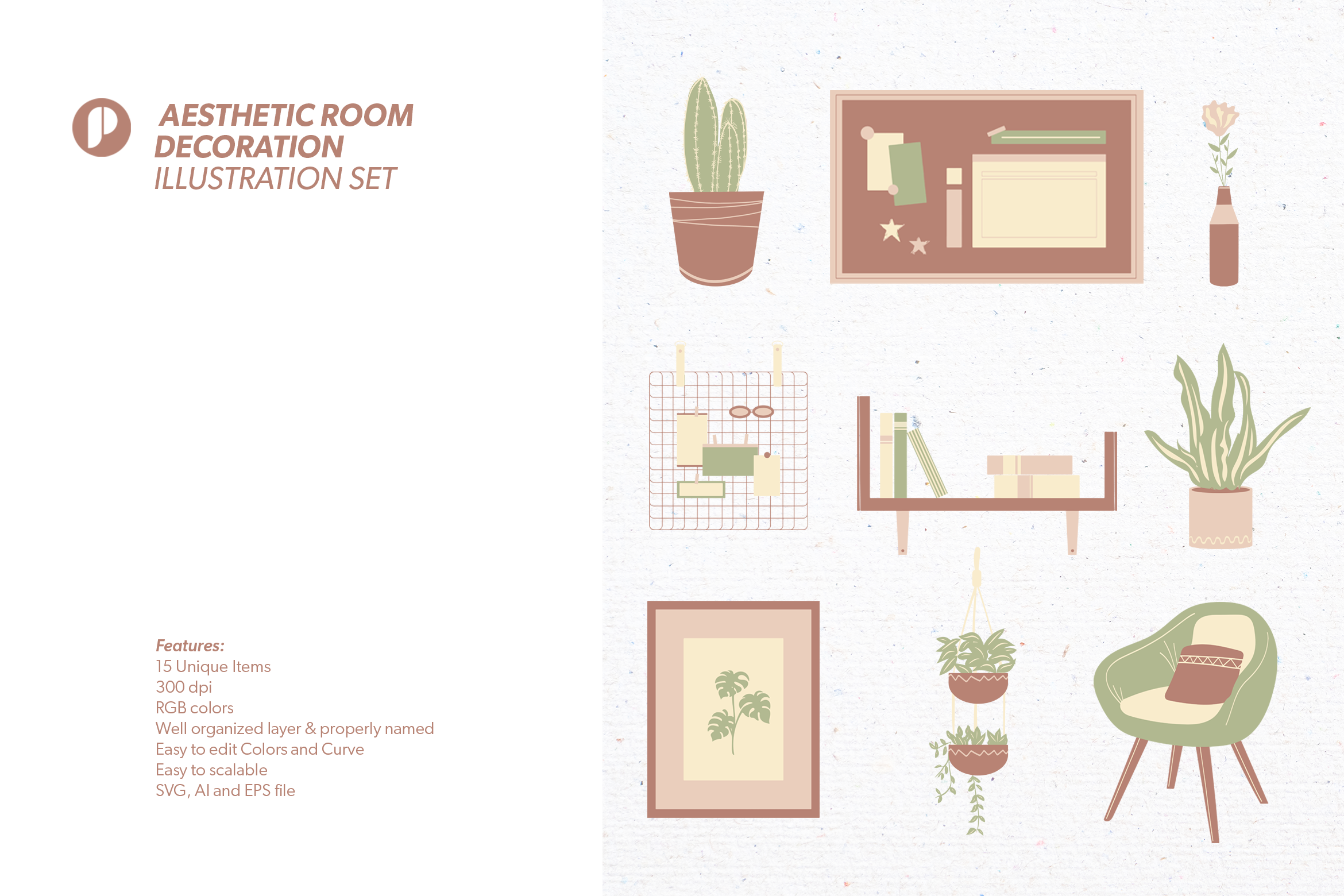 Calming Aesthetic Room Decoration Illustration Set Design Templates -  Peterdraw Studio
