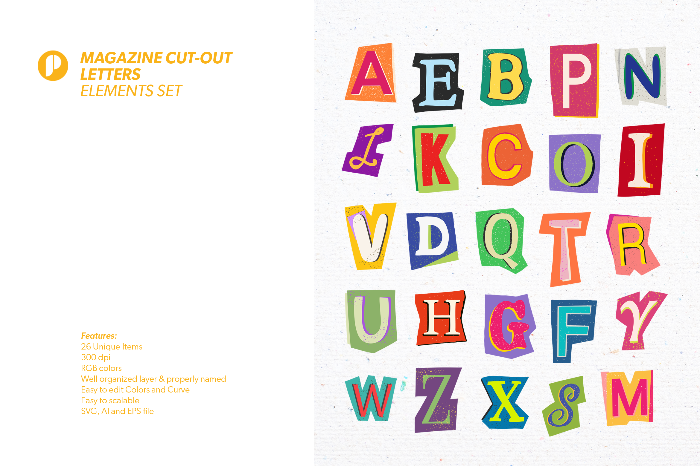 Colorful Magazine Cut-out Letters Elements Set Design Templates