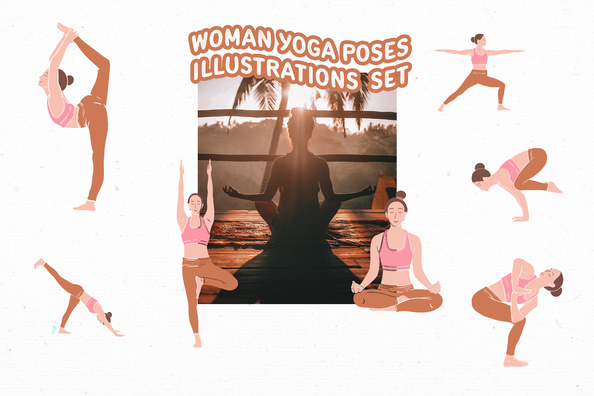 Pinky Brown Woman Yoga Poses Illustration Set Design Templates
